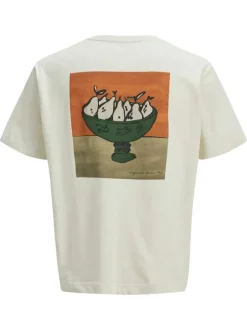 T-shirt manches courtes en coton écru avec fruits imprimés au dos et col rond