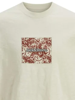 T-shirt manches courtes en coton écru avec logo imprimé, col rond, coupe droite