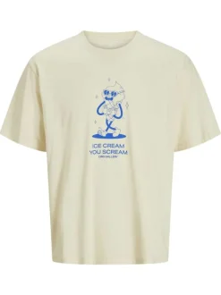 T-shirt manches courtes en coton écru imprimé à coupe loose avec col rond