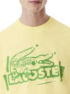 T-shirt manches courtes en coton jaune imprimé à coupe droite avec un col rond