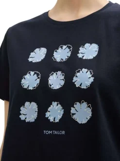 T-shirt manches courtes en coton marine à imprimé floral avec un col rond