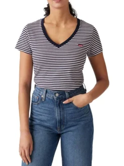 T-shirt manches courtes en coton marine rayé à coupe droite avec col v