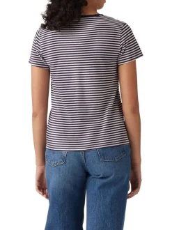 T-shirt manches courtes en coton marine rayé à coupe droite avec col v