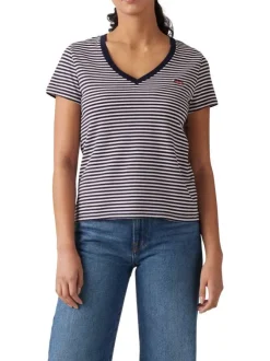T-shirt manches courtes en coton marine rayé à coupe droite avec col v