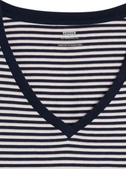 T-shirt manches courtes en coton marine rayé à coupe droite avec col v