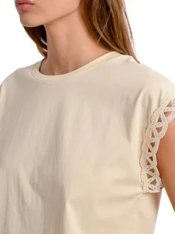 T-shirt manches courtes en coton mélangé écru uni à coupe droite et col rond
