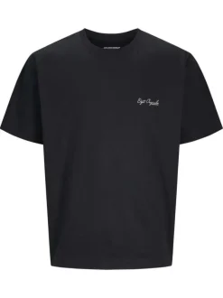 T-shirt manches courtes en coton noir avec col rond et fleurs imprimées au dos