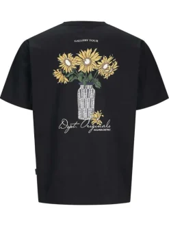 T-shirt manches courtes en coton noir avec col rond et fleurs imprimées au dos