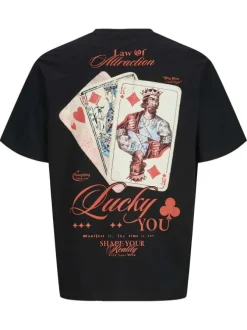 T-shirt manches courtes en coton noir avec un imprimé cartes et un col rond