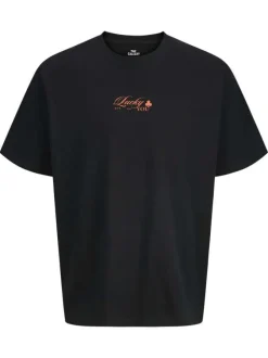 T-shirt manches courtes en coton noir avec un imprimé cartes et un col rond