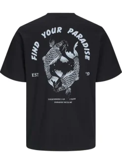 T-shirt manches courtes en coton noir imprimé bleu à coupe ample et col rond