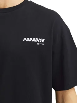 T-shirt manches courtes en coton noir imprimé bleu à coupe ample et col rond