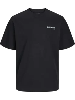 T-shirt manches courtes en coton noir imprimé bleu à coupe ample et col rond