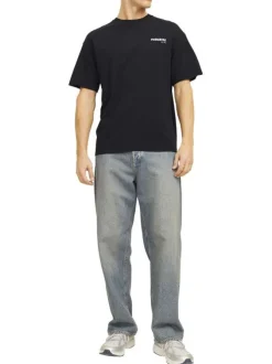 T-shirt manches courtes en coton noir imprimé bleu à coupe ample et col rond