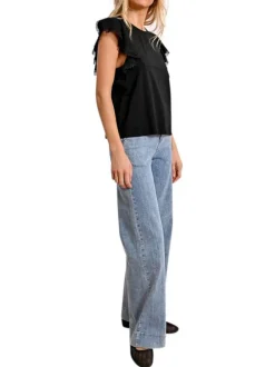 T-shirt manches courtes en coton noir uni avec une coupe droite et un col rond