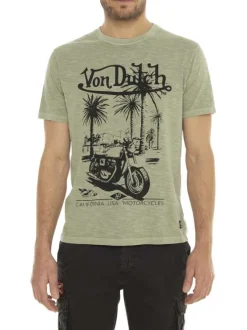 T-shirt manches courtes en coton olive imprimé à coupe droite avec un col rond