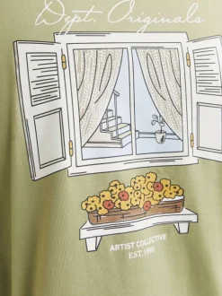 T-shirt manches courtes en coton tilleul avec fenêtre imprimée au dos et logo