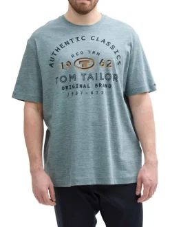T-shirt manches courtes en coton vert d'eau imprimé jaune avec coupe droite