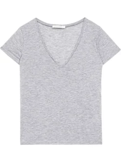 T-shirt manches courtes gris pailleté à col v avec coupe droite