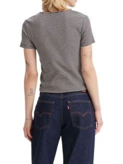 T-shirt manches courtes marine en coton à rayures blanches avec un col v