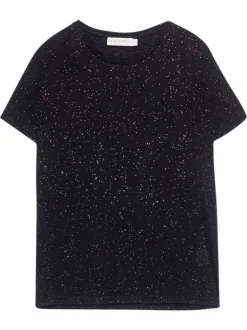T-shirt manches courtes noir pailleté à coupe droite avec un col rond