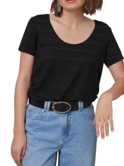 T-shirt manches courtes noir rayé avec une coupe droite et un col rond