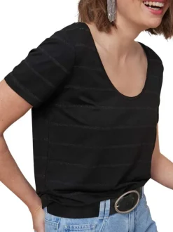 T-shirt manches courtes noir rayé avec une coupe droite et un col rond