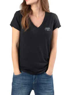 T-shirt manches courtes noir uni avec une coupe droite et un col V