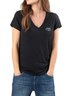 T-shirt manches courtes noir uni avec une coupe droite et un col V