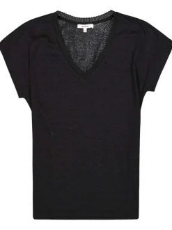 T-shirt manches courtes noir uni à coupe droite et col v festonné