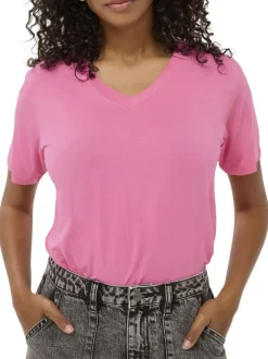 T-shirt manches courtes rose uni avec un col v et une coupe droite