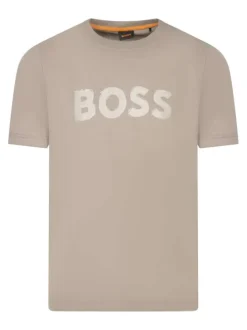T-shirt manches courtes taupe avec un col rond et un imprimé sur le torse
