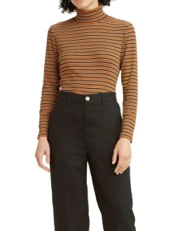 T-shirt à manches longues camel en coton col roulé