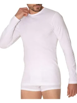 T-shirt manches longues coton blanc uni avec une coupe droite et un col rond