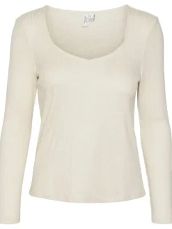 T-shirt à manches longues écru côtelé et pailleté à coupe près du corps