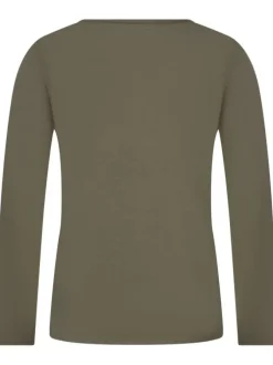 T-shirt à manches longues kaki chiné avec un col v brodé et une coupe droite