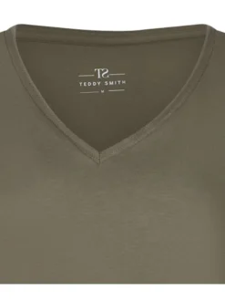 T-shirt à manches longues kaki chiné avec un col v brodé et une coupe droite