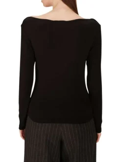 T-shirt manches longues noir uni avec une coupe ajustée et un col bateau