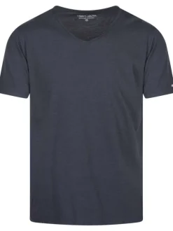 T-shirt marine chiné avec une coupe droite un col v et des manches courtes
