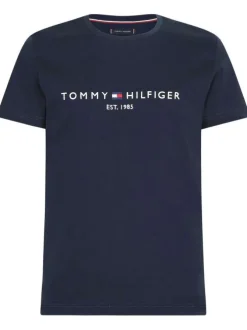 T-shirt marine en coton biologique col rond et manches courtes avec logo brodé sur la poitrine