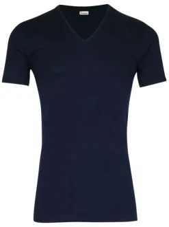 T-shirt marine en pur coton avec une coupe droite et un col v
