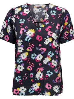 T-shirt marine imprimé floral multicolore avec une coupe droite et un col v