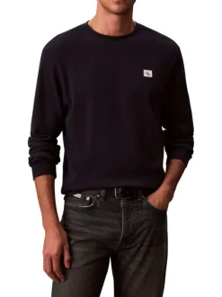T-shirt marine maille effet gaufrée coupe ajustée et des manches longues