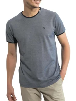T-shirt marine maille piquée avec une coupe droite et un col rond
