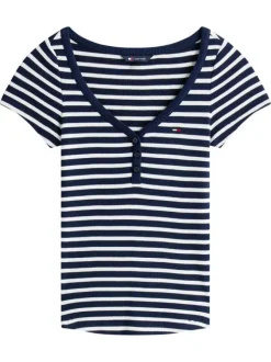 T-shirt marine rayé avec une coupe droite à col rond et des boutons