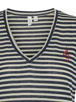 T-shirt marine rayé droit à col v et à manches courtes avec broderie rouge