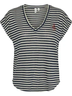 T-shirt marine rayé droit à col v et à manches courtes avec broderie rouge