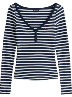 T-shirt marine uni avec une coupe droite à col v et des manches longues