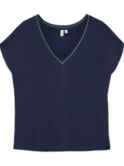 T-shirt marine uni à coupe droite avec un col v et des manches courtes