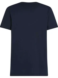 T-shirt marine uni en coton avec une coupe droite et des drapeaux sur le devant